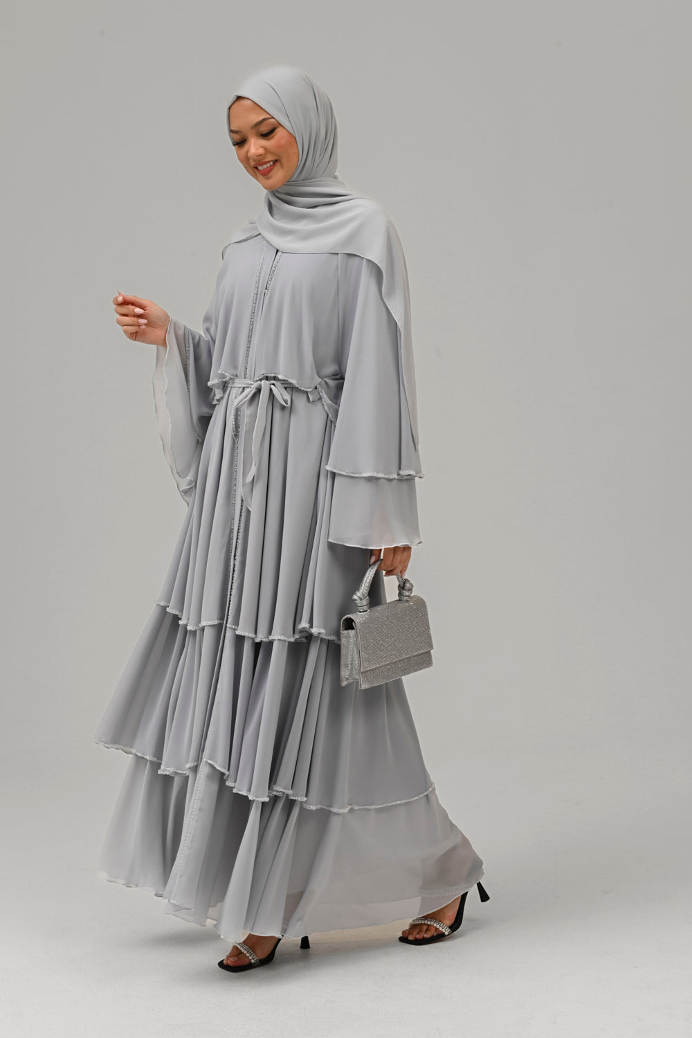Premium Ice Grey Embellished Layered Open Abaya