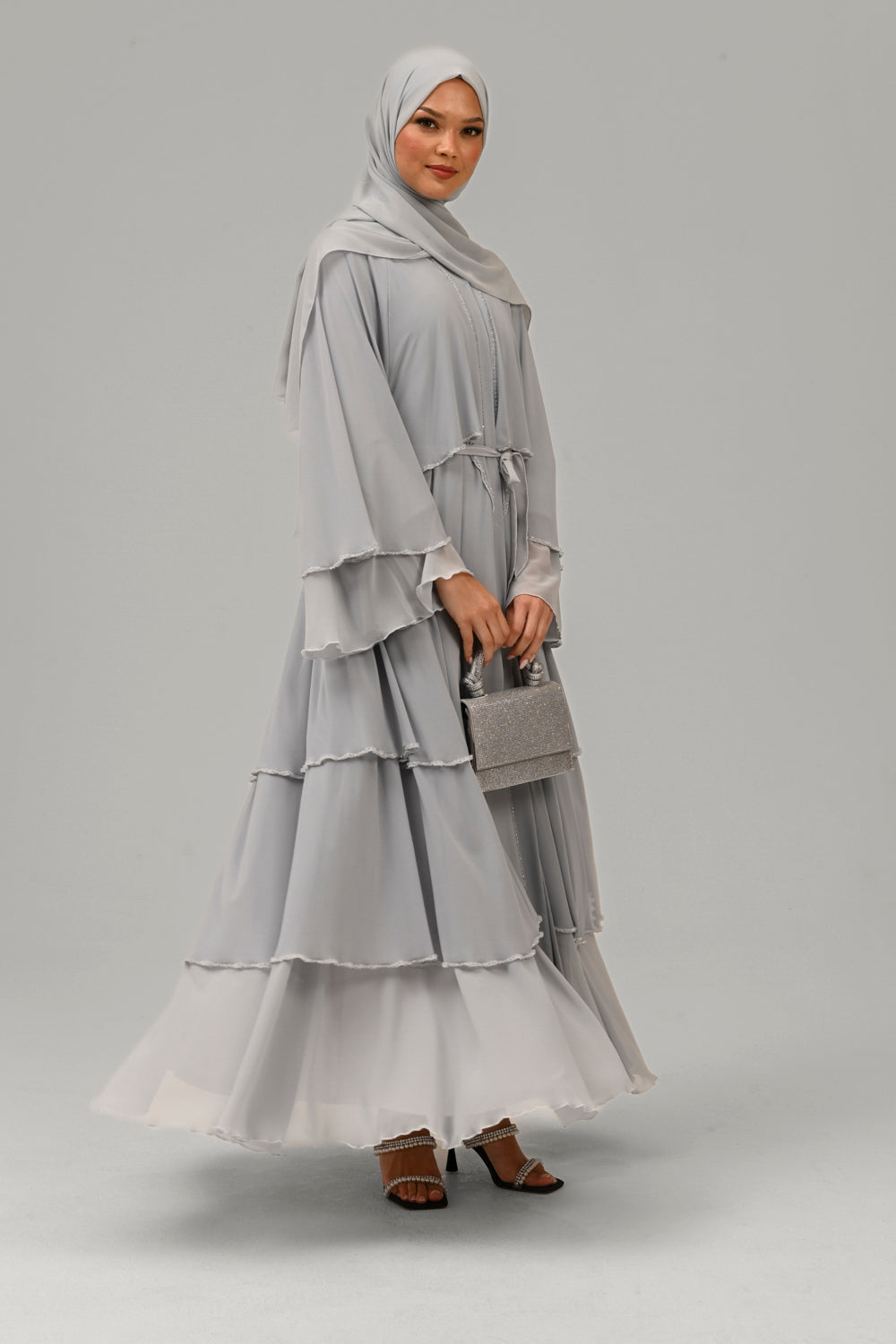 Premium Ice Grey Embellished Layered Open Abaya