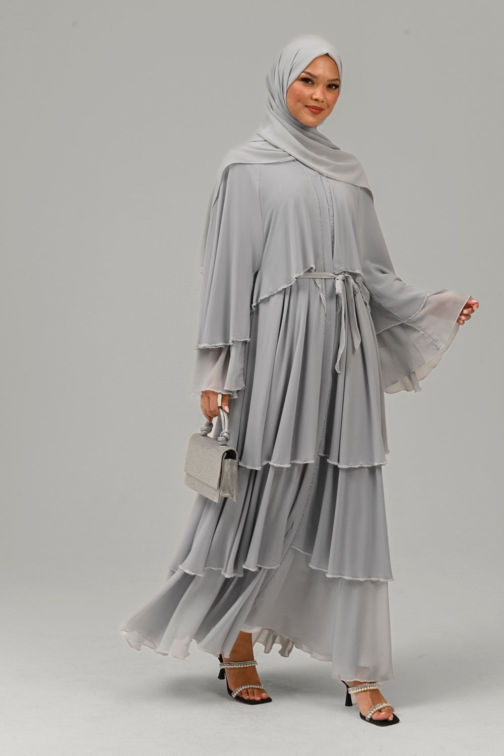 Premium Ice Grey Embellished Layered Open Abaya