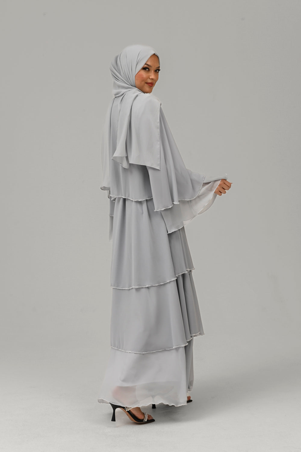 Premium Ice Grey Embellished Layered Open Abaya