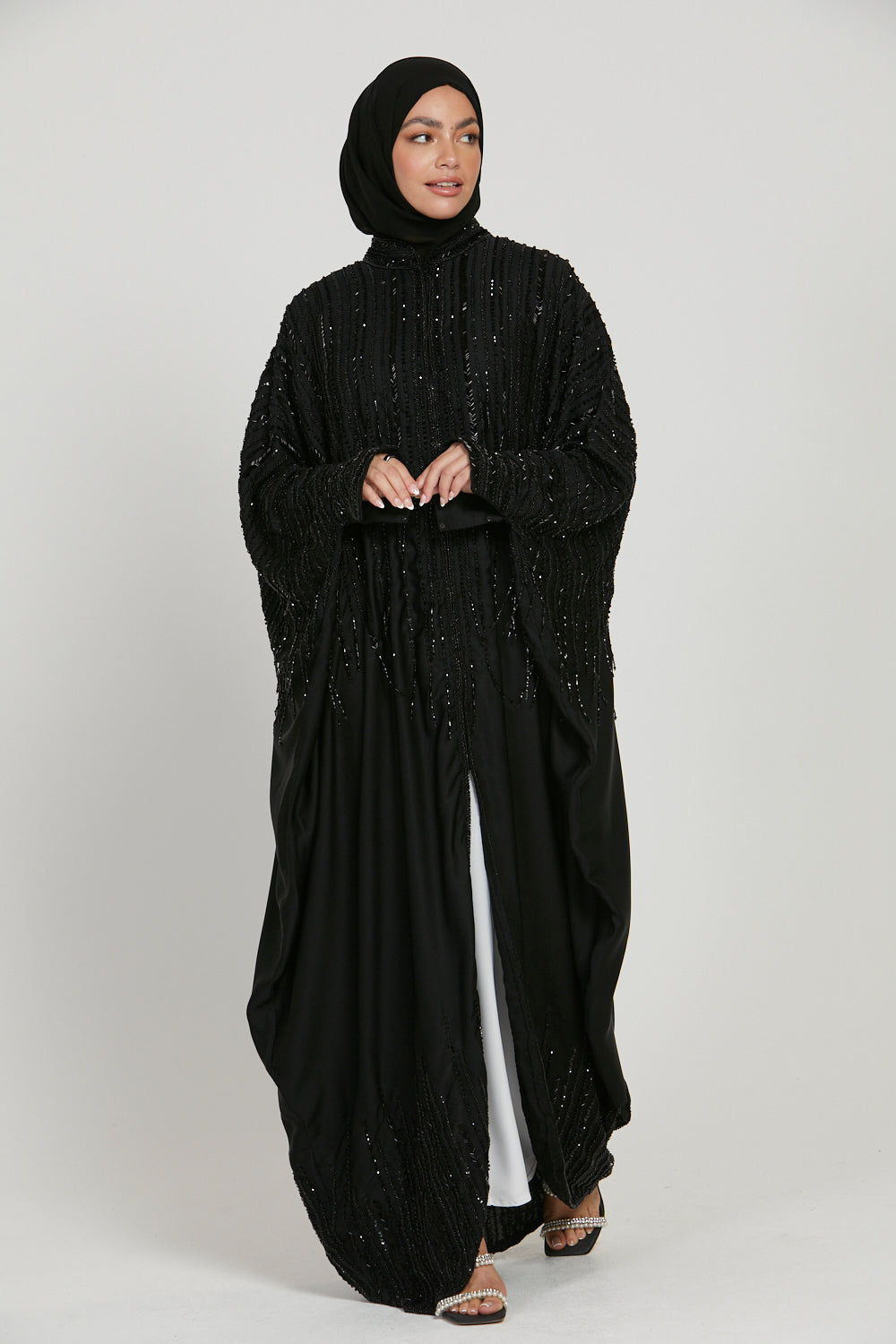 Luxury Embellished Open Abaya with Front Zip - Black