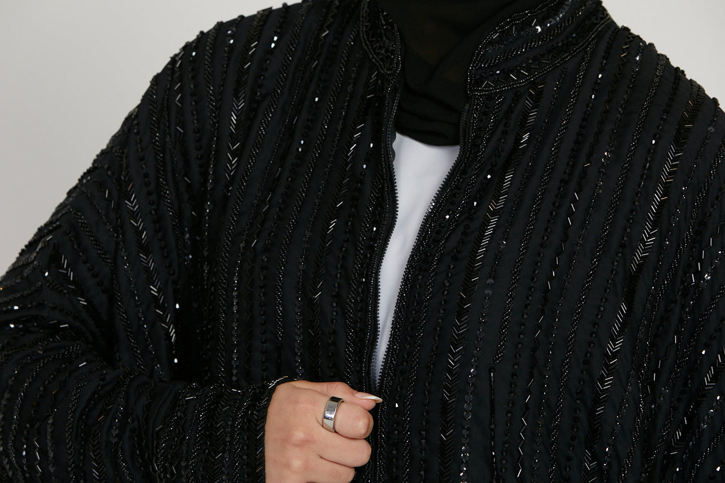 Luxury Embellished Open Abaya with Front Zip - Black