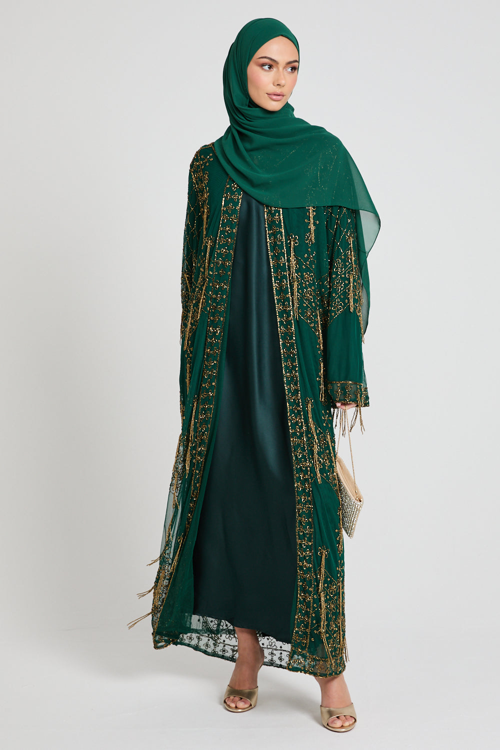 Luxury Emerald Glimmer Embellished Open Abaya