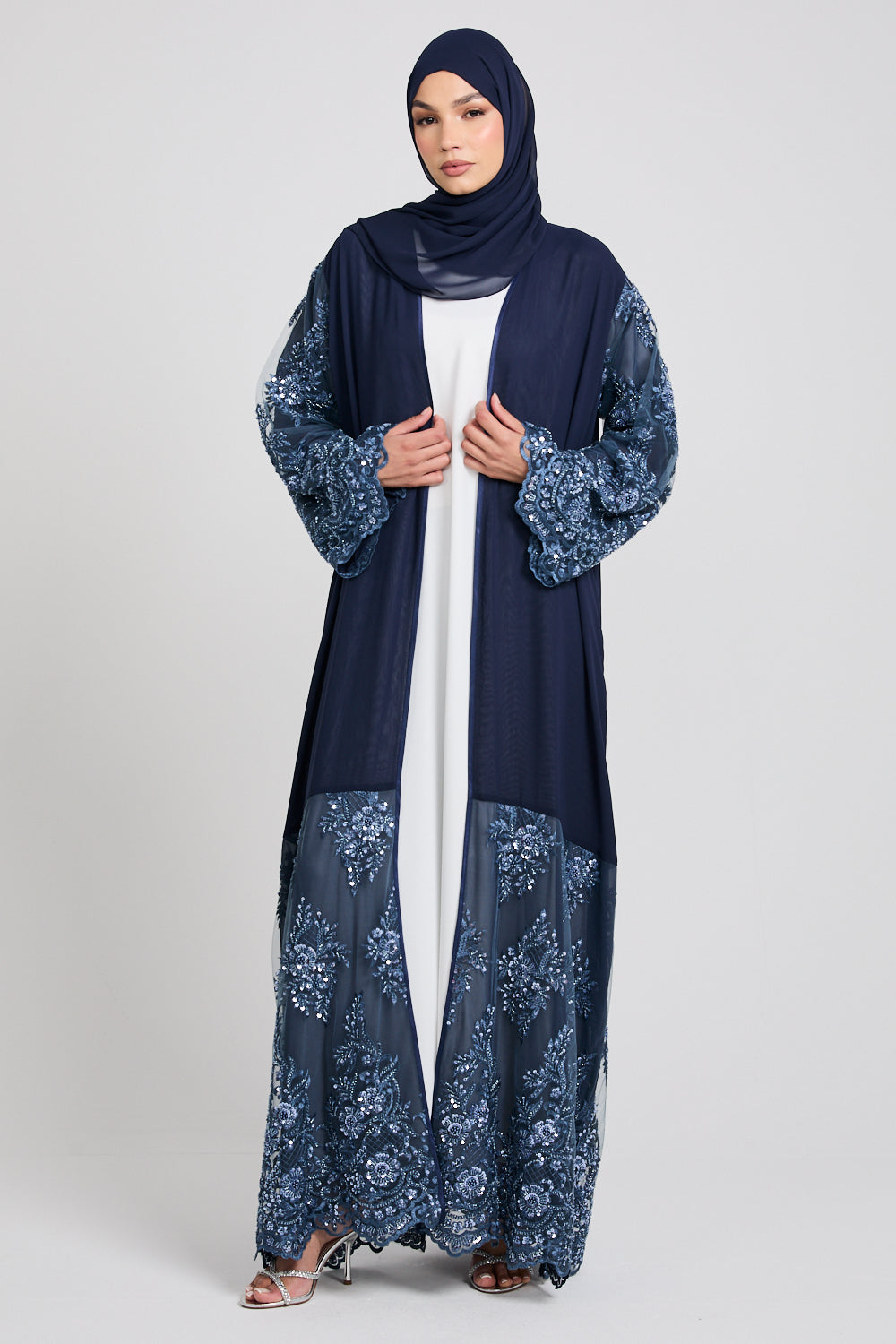 Luxury Midnight Navy Chiffon Open Abaya with Embellished Lace - LIMITED EDITION