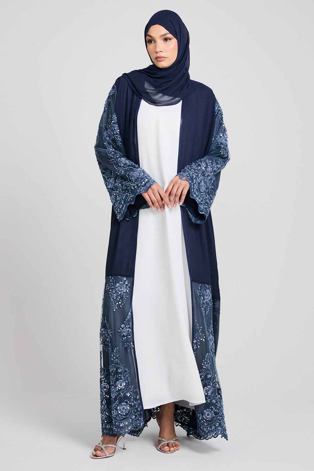 Luxury Midnight Navy Chiffon Open Abaya with Embellished Lace - LIMITED EDITION