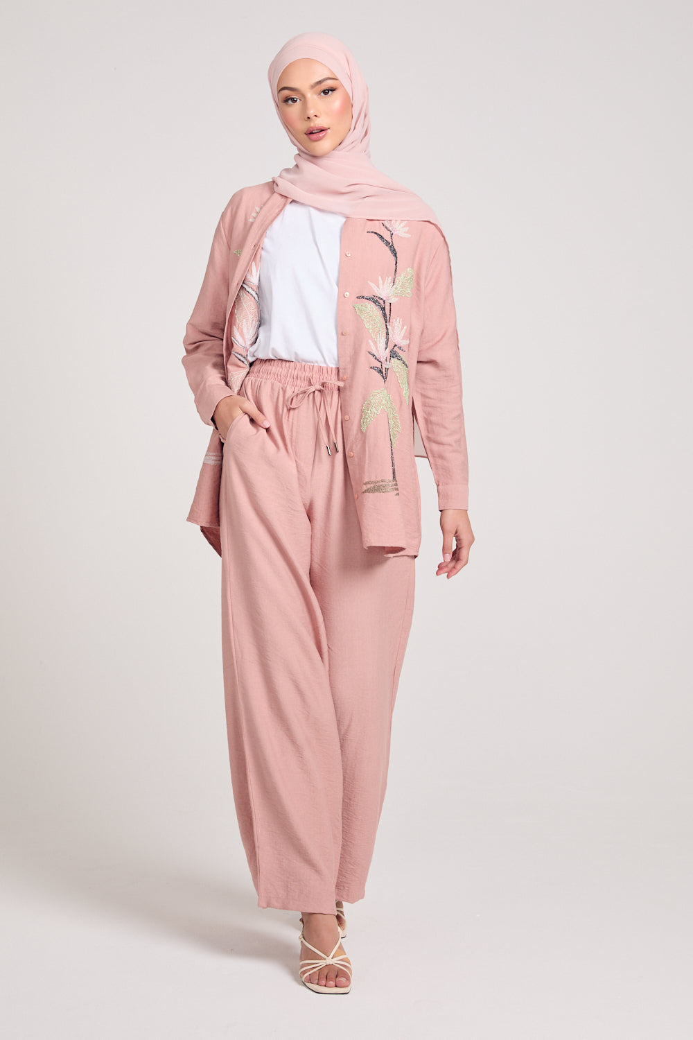 Tulip Embroidered Shirt Co-Ord Set - Mellow Rose Pink