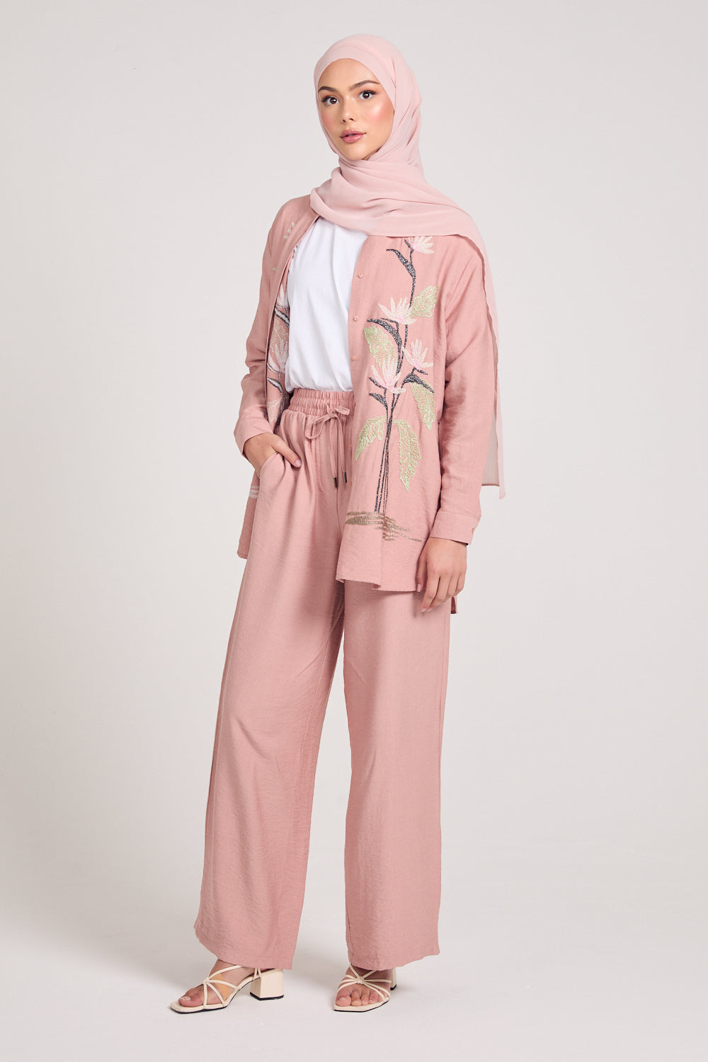 Tulip Embroidered Shirt Co-Ord Set - Mellow Rose Pink
