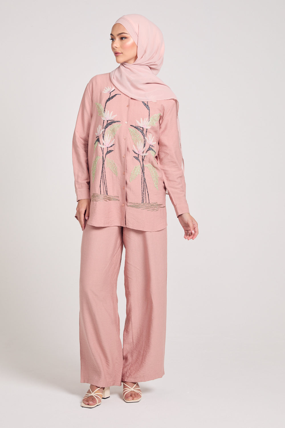 Tulip Embroidered Shirt Co-Ord Set - Mellow Rose Pink