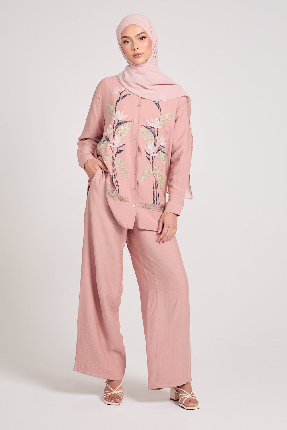 Tulip Embroidered Shirt Co-Ord Set - Mellow Rose Pink