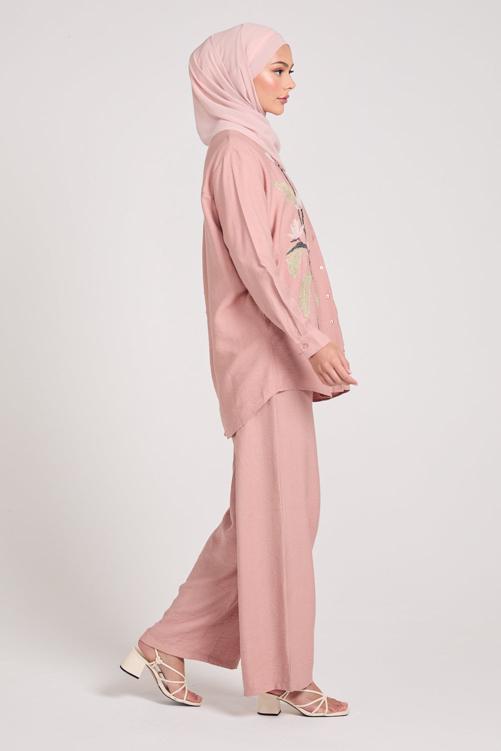 Tulip Embroidered Shirt Co-Ord Set - Mellow Rose Pink