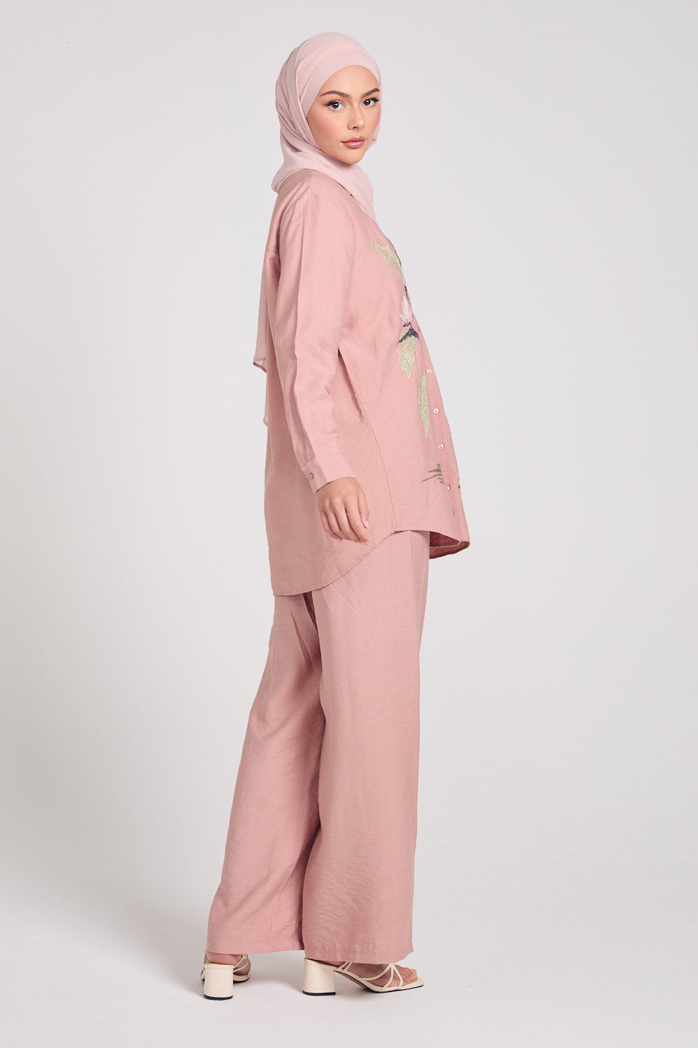 Tulip Embroidered Shirt Co-Ord Set - Mellow Rose Pink