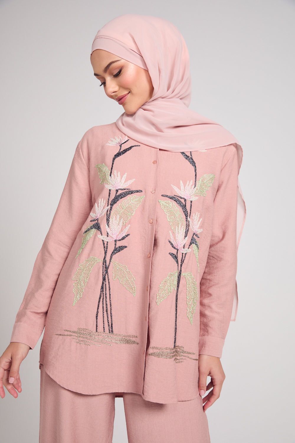 Tulip Embroidered Shirt Co-Ord Set - Mellow Rose Pink