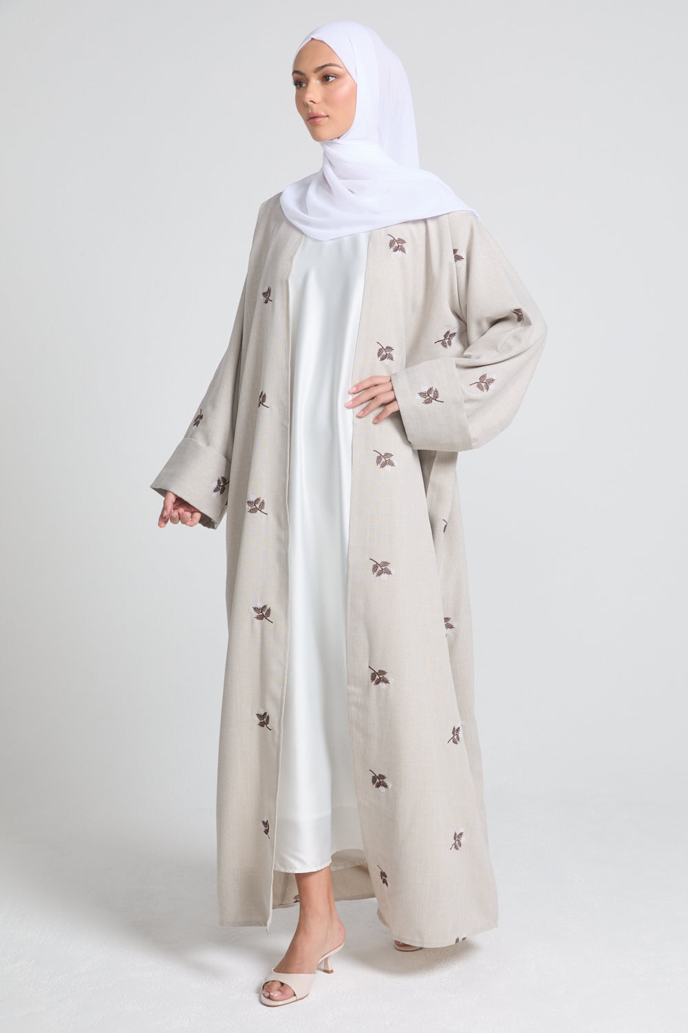 Autumn Bloom Embroidered Kimono Open Abaya With Folded Cuffs