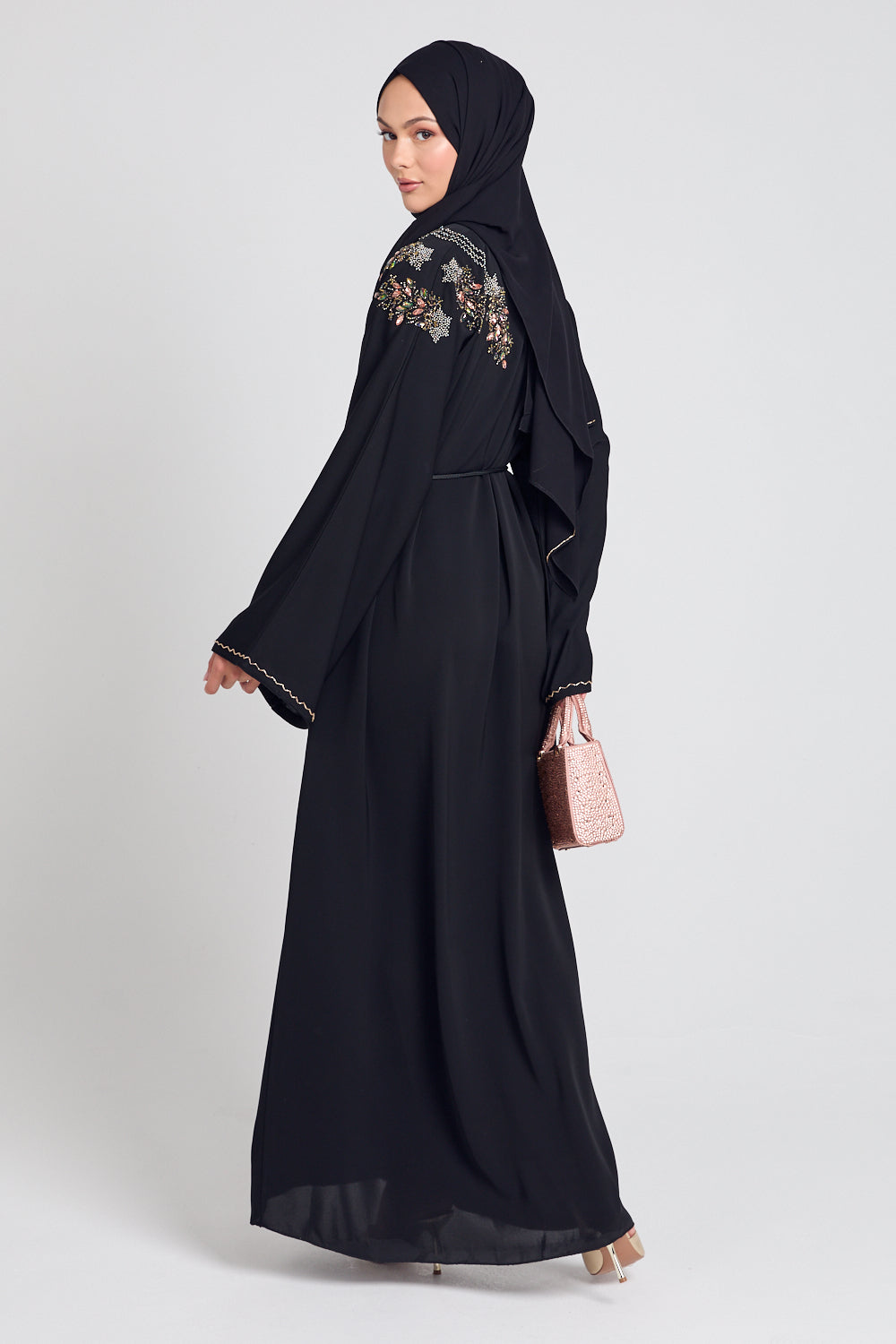 Luxury Crystal Embellished Open Abaya - Celestial Rose Gold Detailing