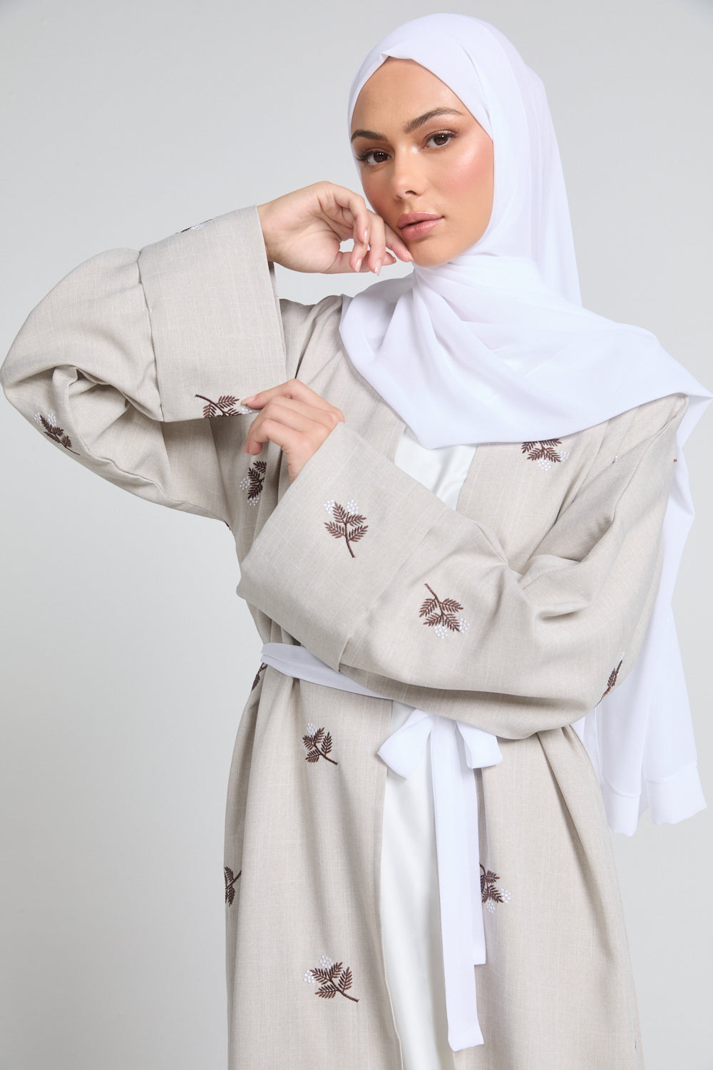 Autumn Bloom Embroidered Kimono Open Abaya With Folded Cuffs