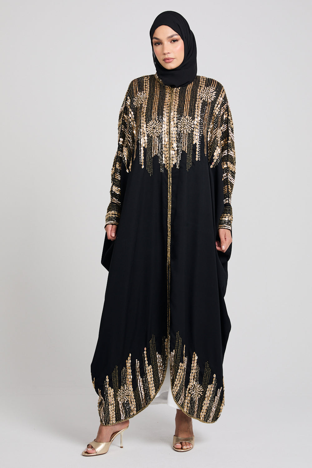 Luxury Cosmic Blossom Embellished Open Abaya with Front Zip - Gold