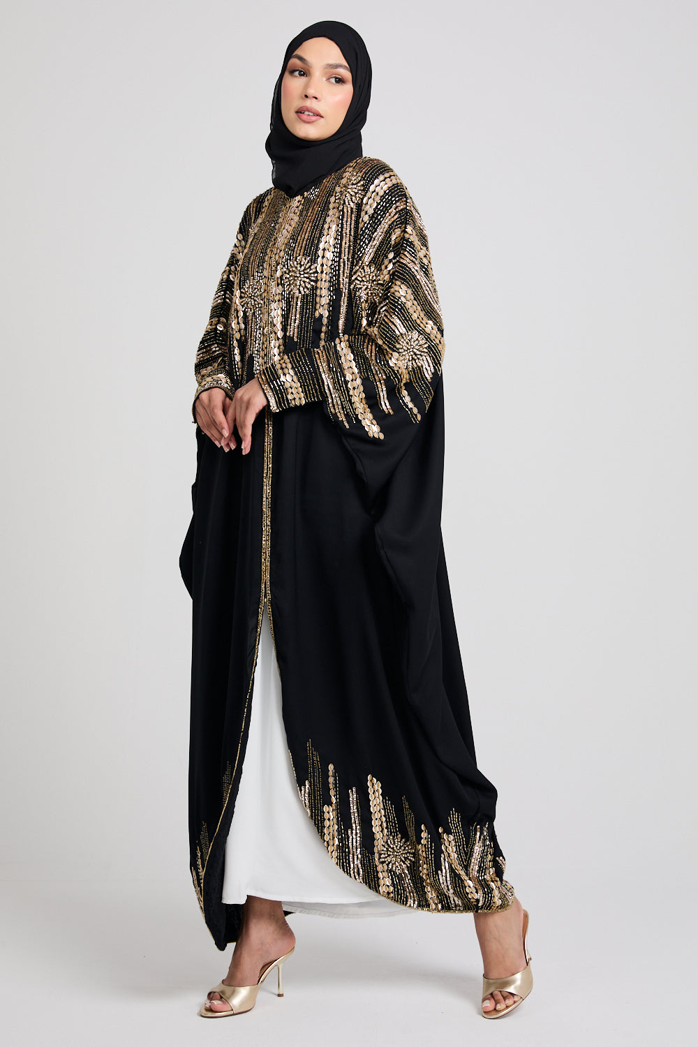 Luxury Cosmic Blossom Embellished Open Abaya with Front Zip - Gold