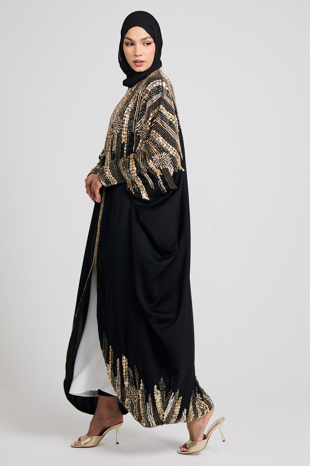 Luxury Cosmic Blossom Embellished Open Abaya with Front Zip - Gold