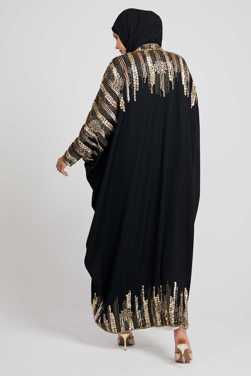 Luxury Cosmic Blossom Embellished Open Abaya with Front Zip - Gold