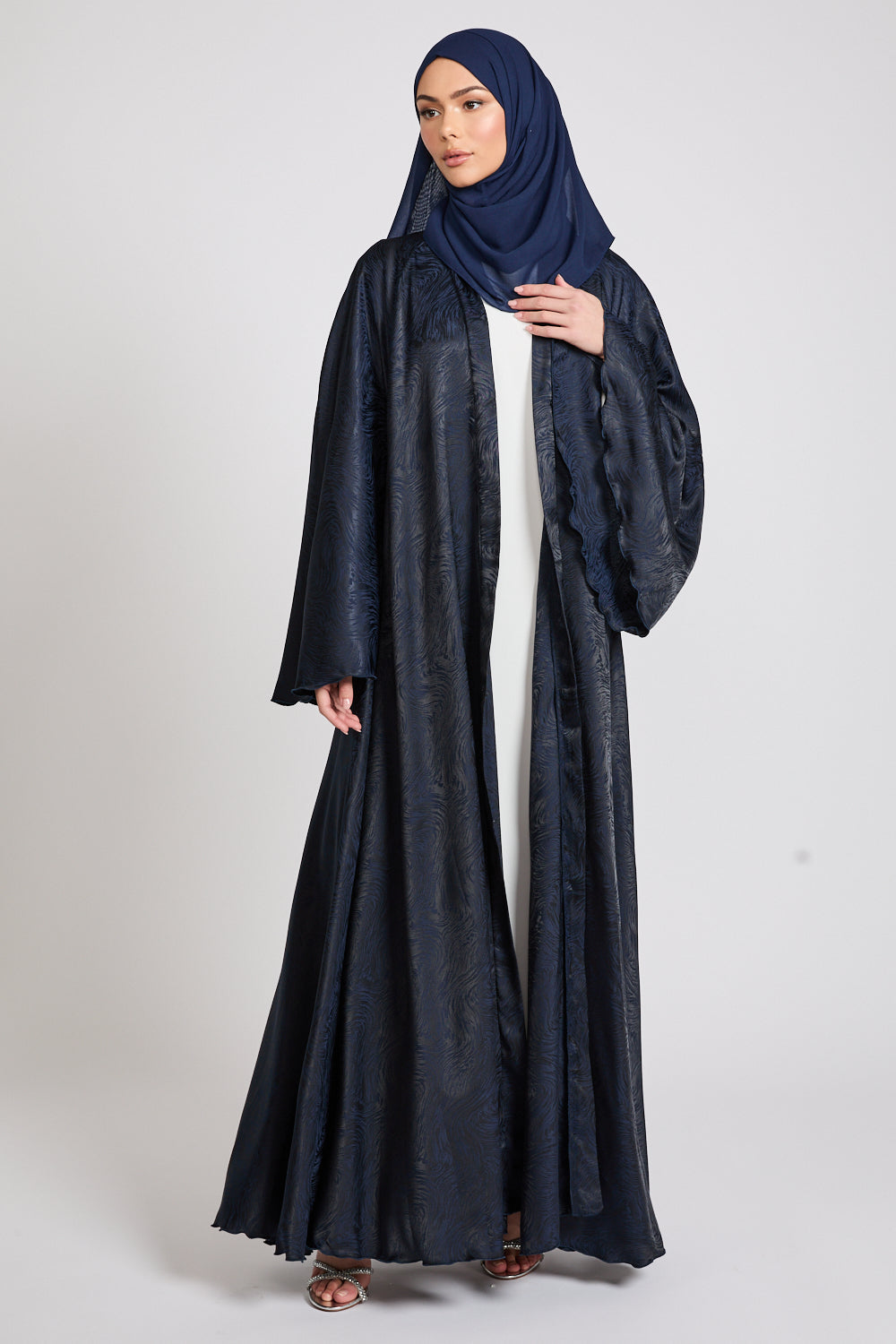 Jacquard Umbrella Cut Open Abaya with Flared Sleeves - Navy