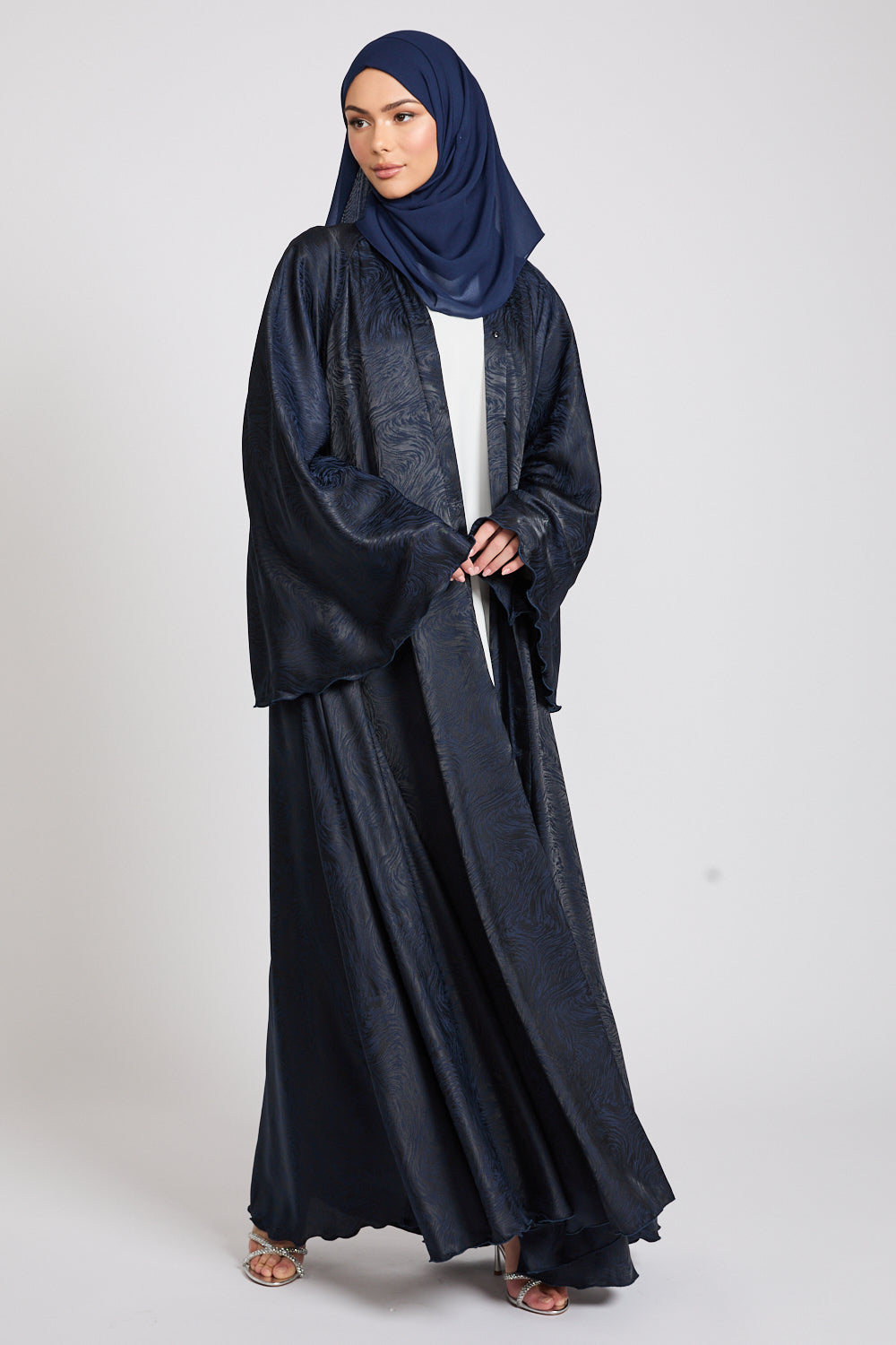 Jacquard Umbrella Cut Open Abaya with Flared Sleeves - Navy