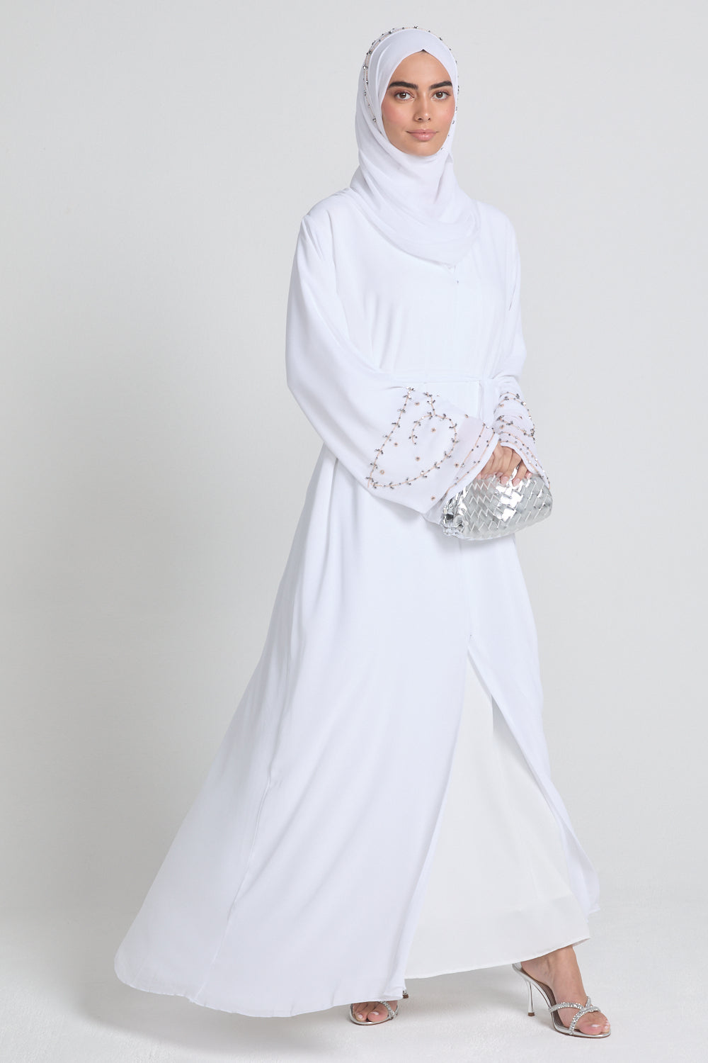 Premium Chiffon White Embellished Cuff Open Abaya -Almaaml