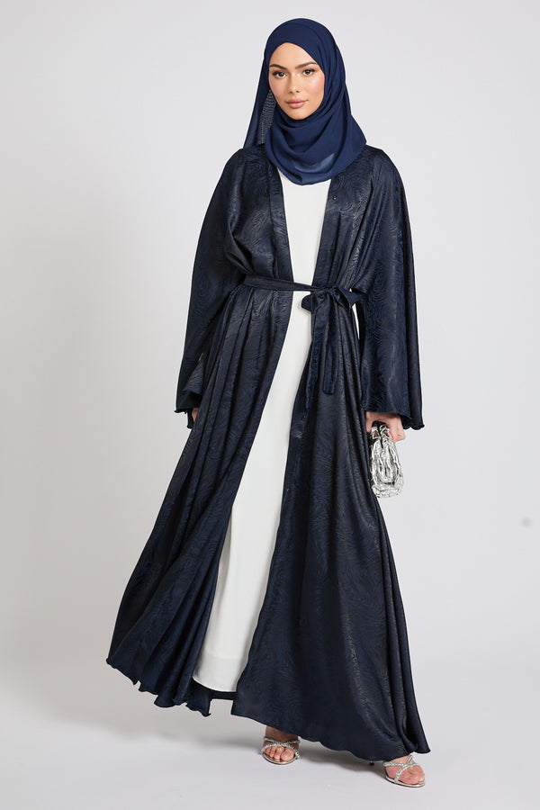 Jacquard Umbrella Cut Open Abaya with Flared Sleeves - Navy
