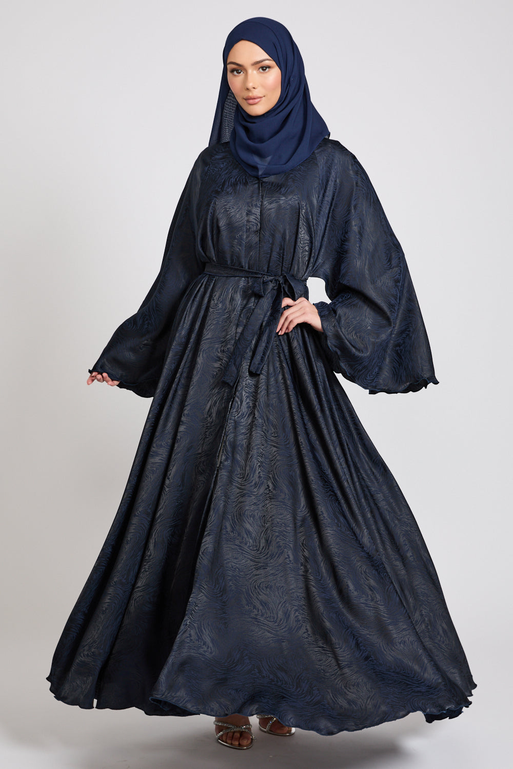 Jacquard Umbrella Cut Open Abaya with Flared Sleeves - Navy
