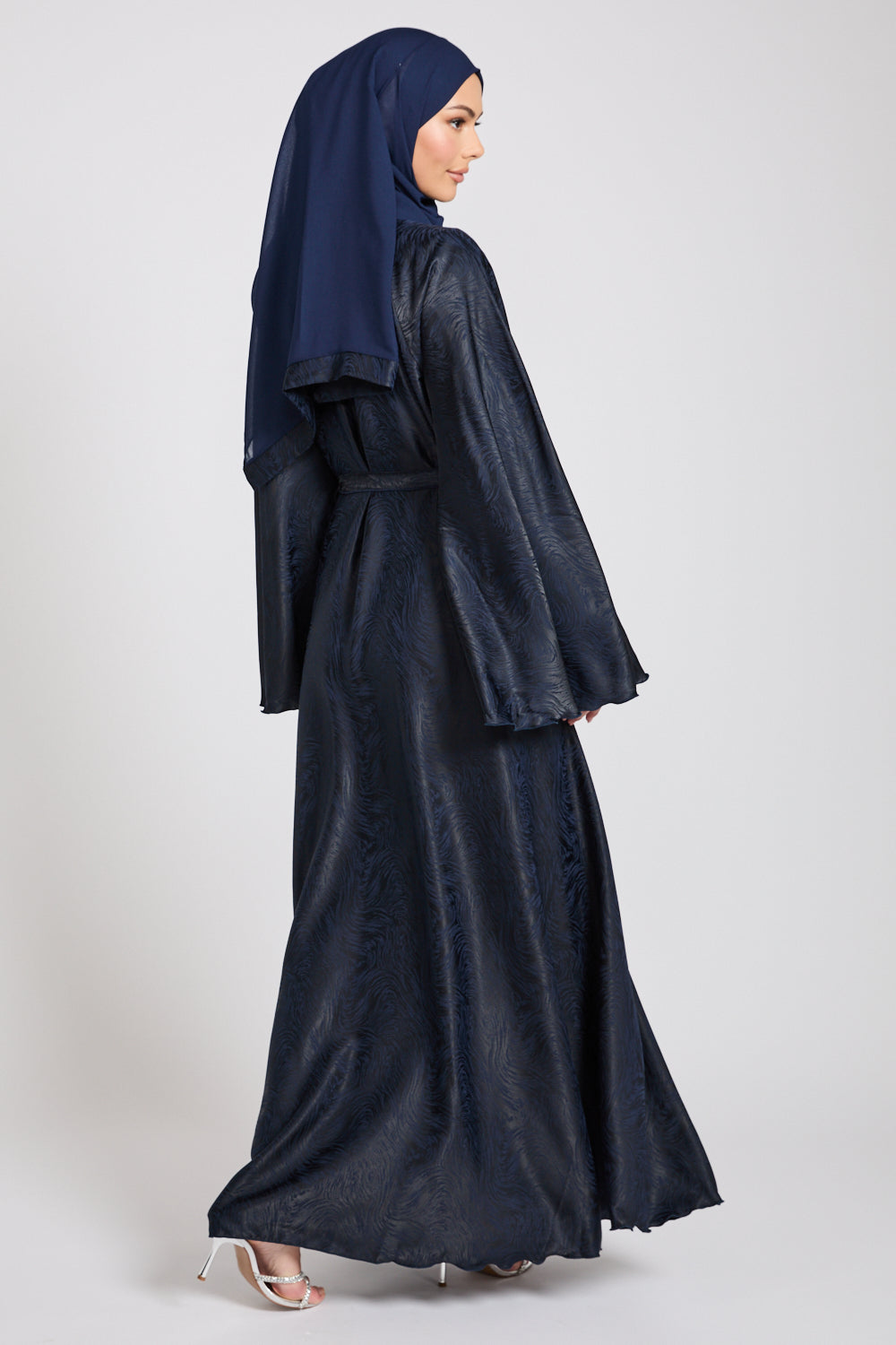 Jacquard Umbrella Cut Open Abaya with Flared Sleeves - Navy