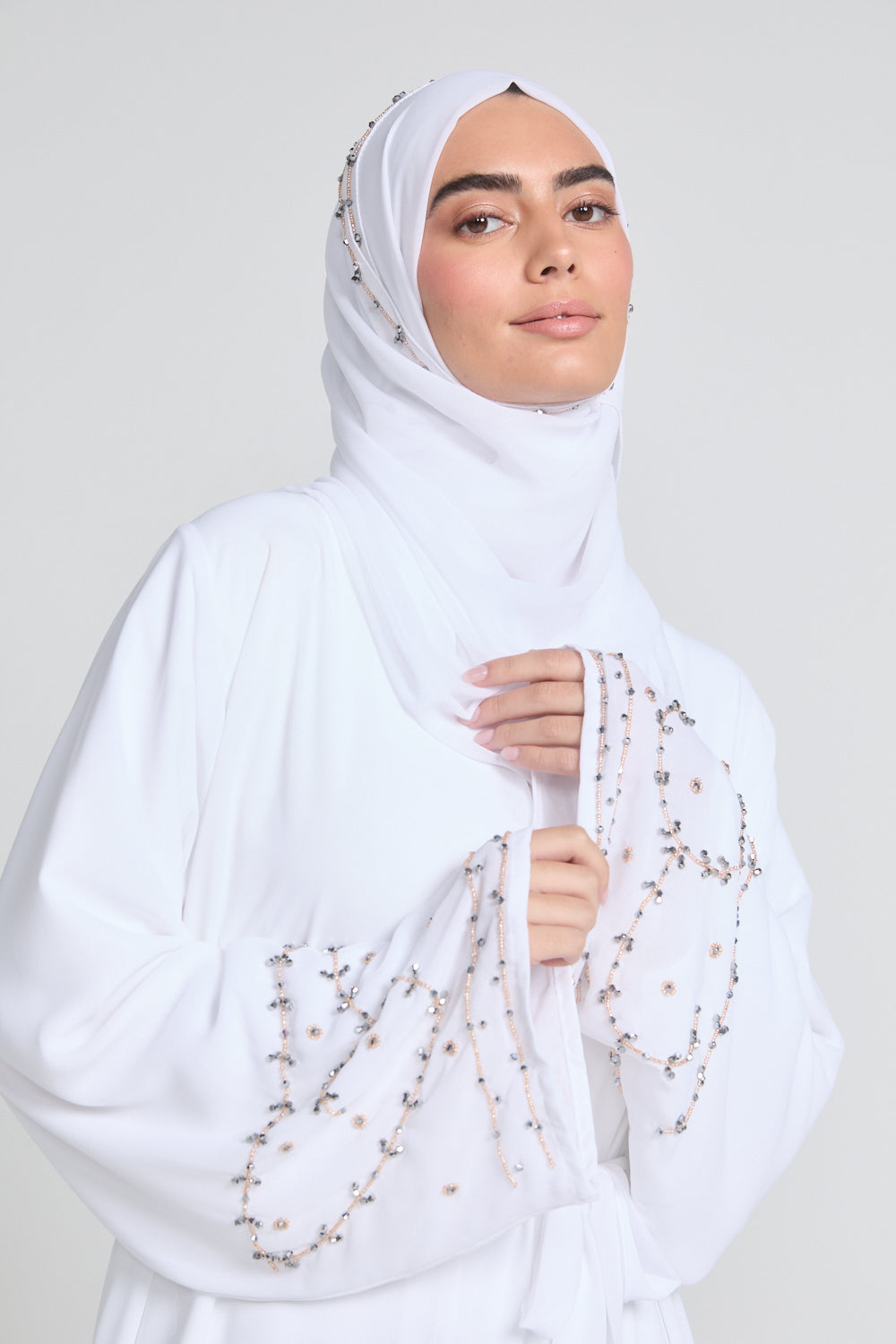 Premium Chiffon White Embellished Cuff Open Abaya -Almaaml