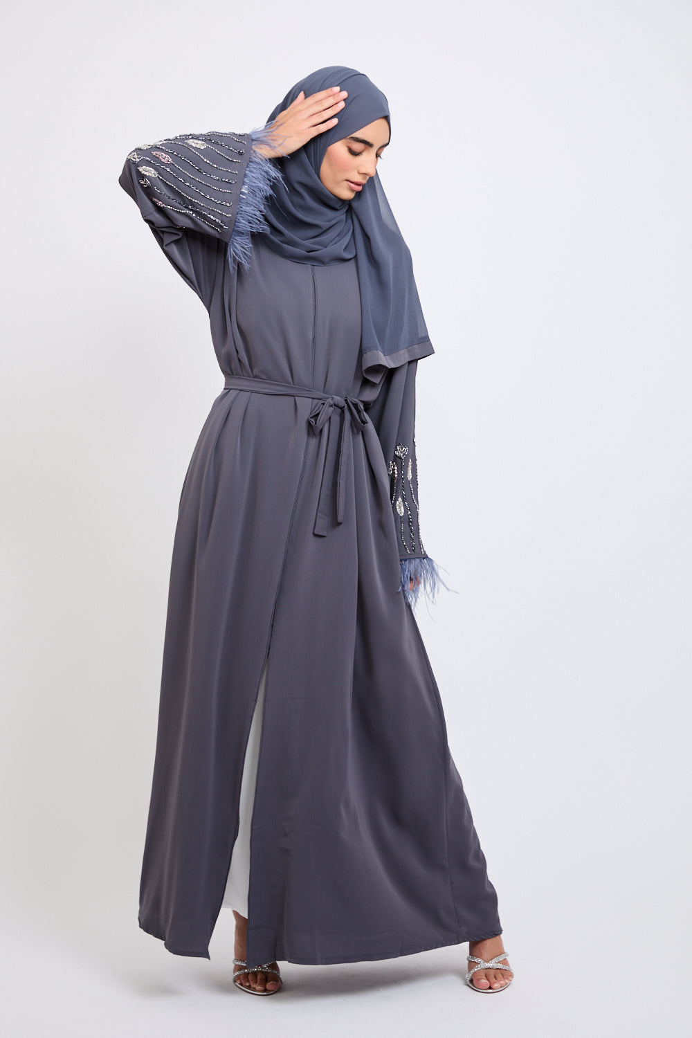 Floral Embellished Sleeve Open Abaya with Feathers - Nightshadow Blue