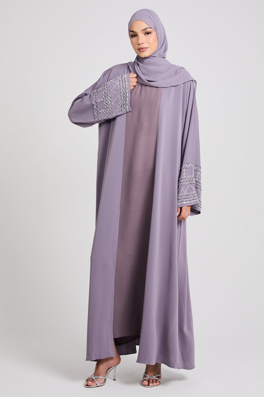 Four Piece Embellished Cuff Open Abaya Set - Lavender Aura