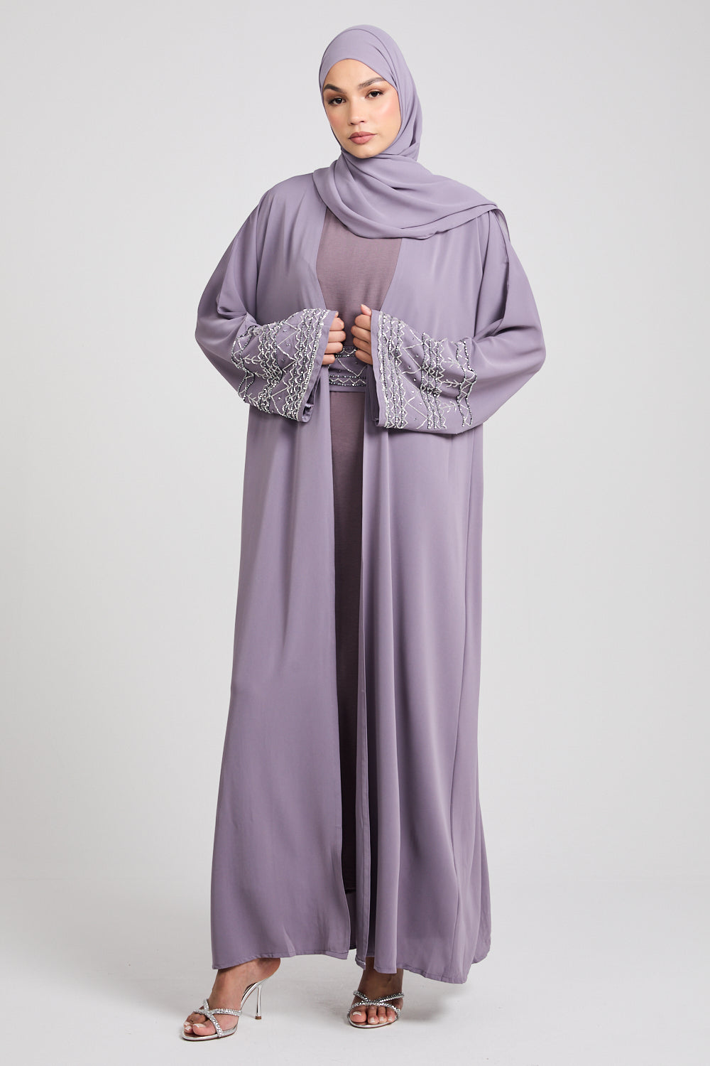 Four Piece Embellished Cuff Open Abaya Set - Lavender Aura