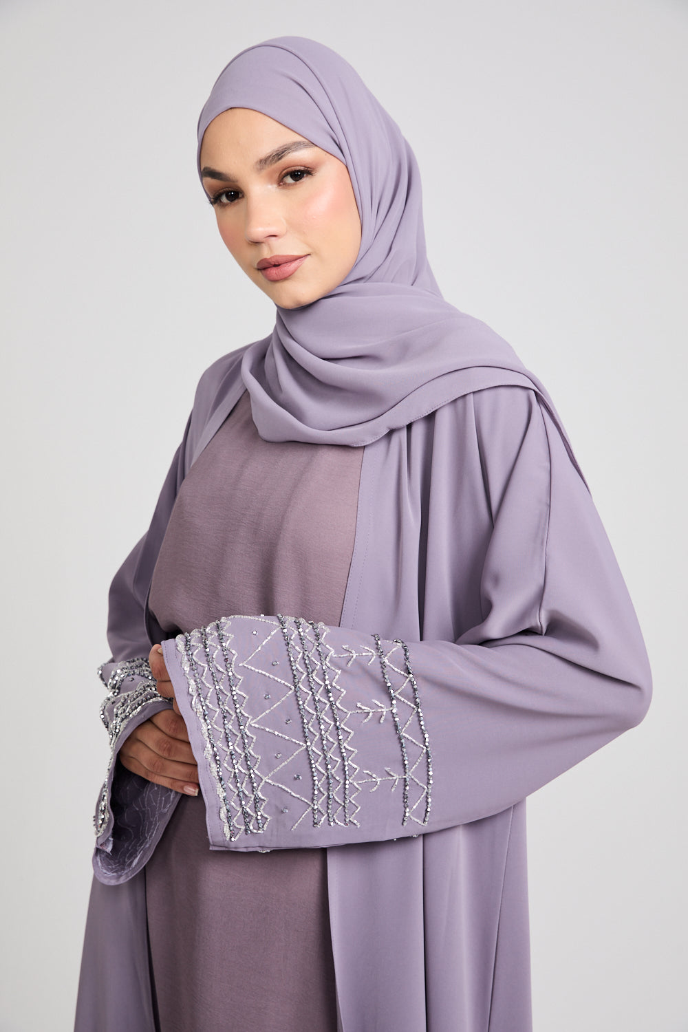 Four Piece Embellished Cuff Open Abaya Set - Lavender Aura