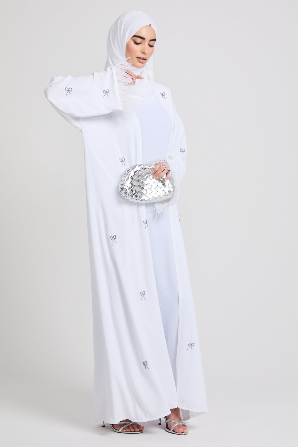 Four Piece Bows of Moonlight with Feathered Cuffs Open Abaya Set - White