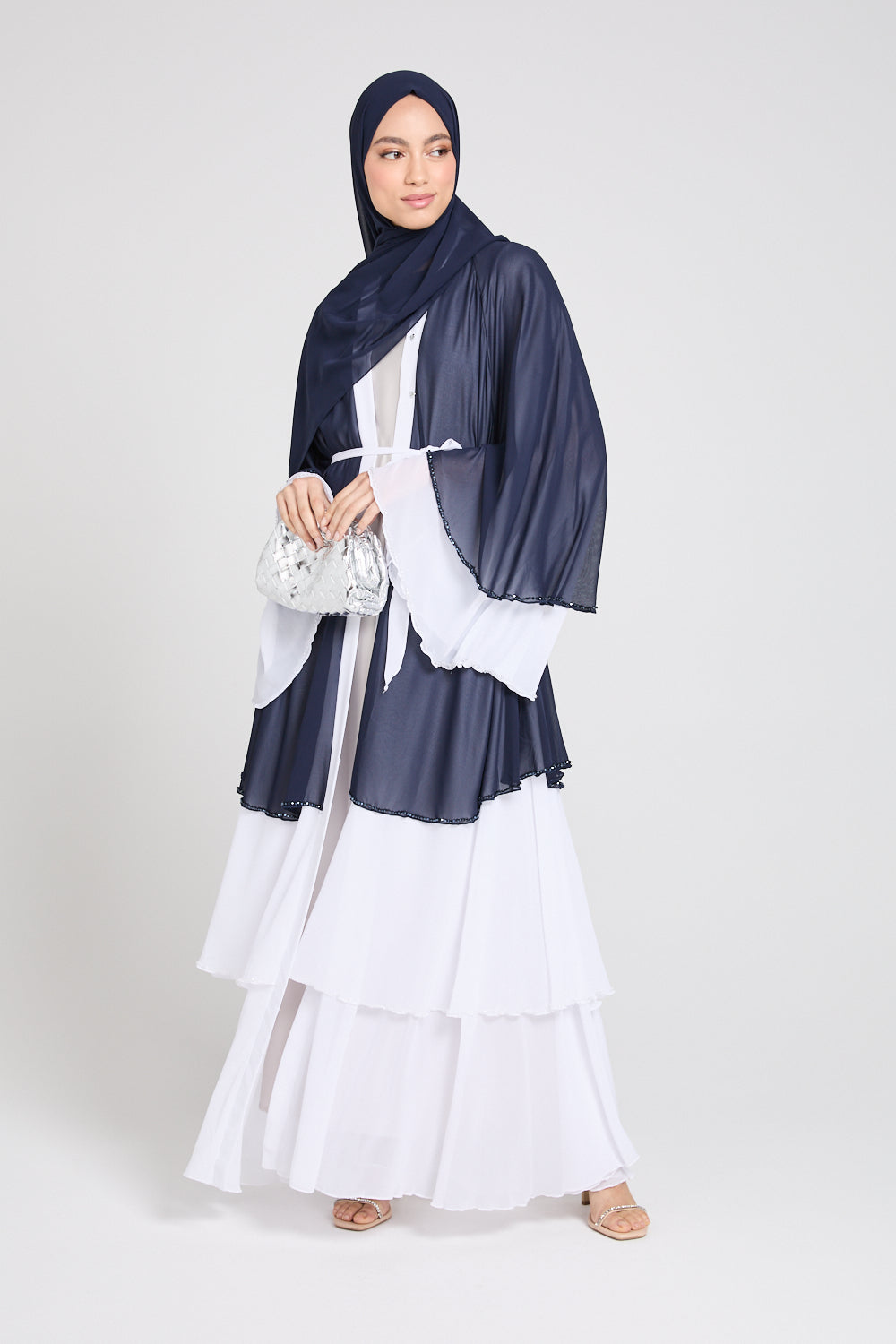Navy and White Embellished Layered Open Abaya