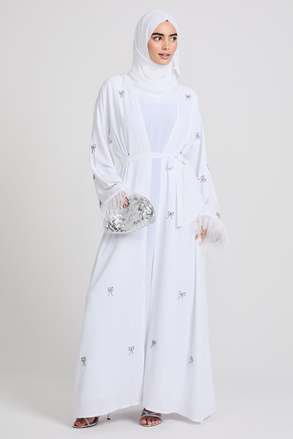 Four Piece Bows of Moonlight with Feathered Cuffs Open Abaya Set - White