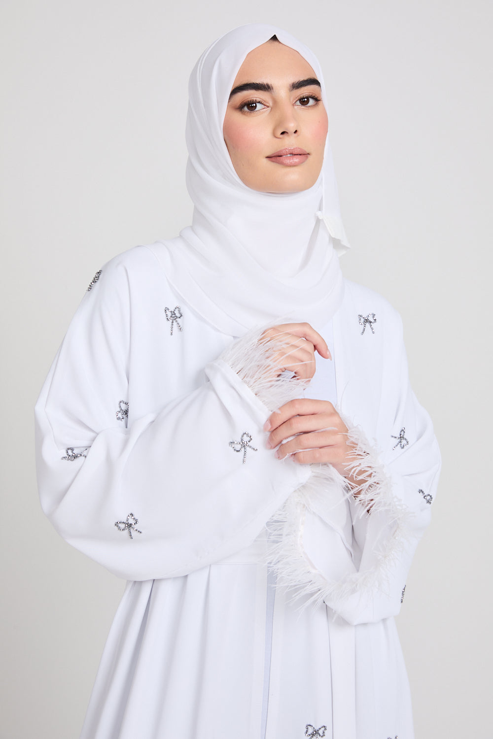 Four Piece Bows of Moonlight with Feathered Cuffs Open Abaya Set - White