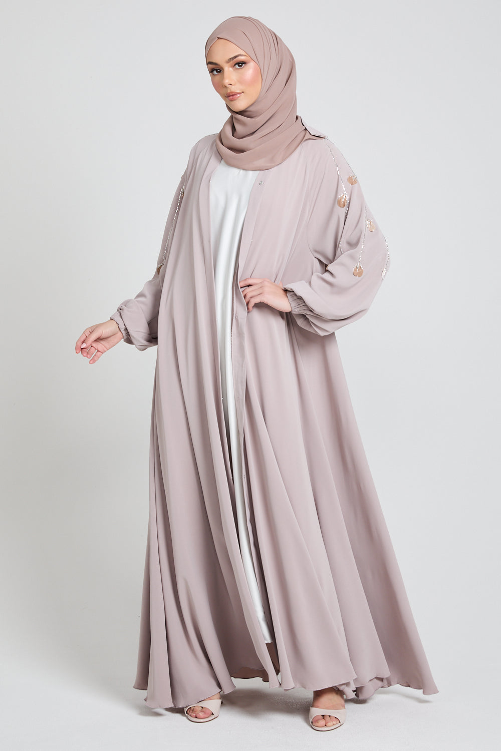 Blooming Frost Applique Umbrella Cut Open Abaya - Mink Nude
