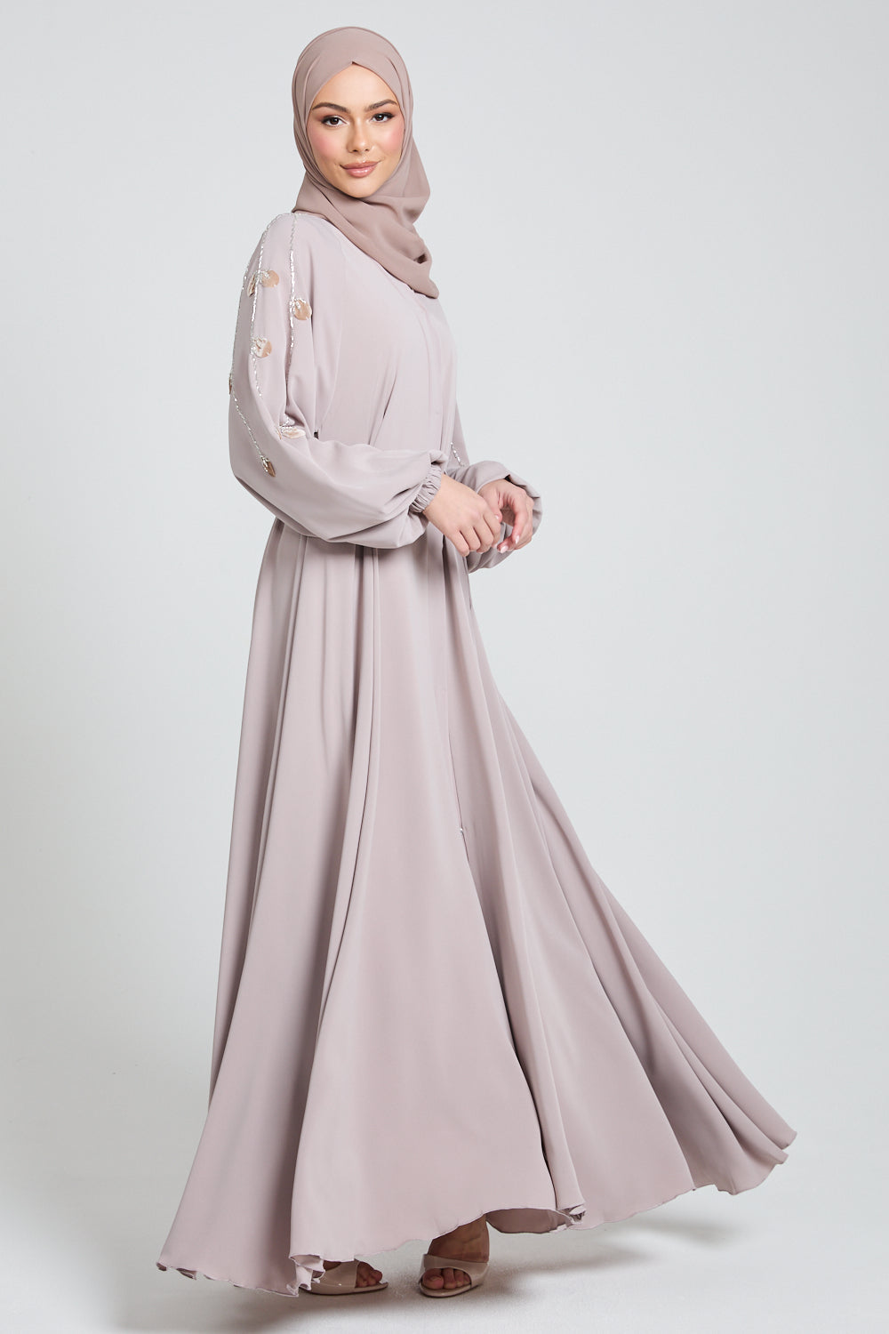 Blooming Frost Applique Umbrella Cut Open Abaya - Mink Nude