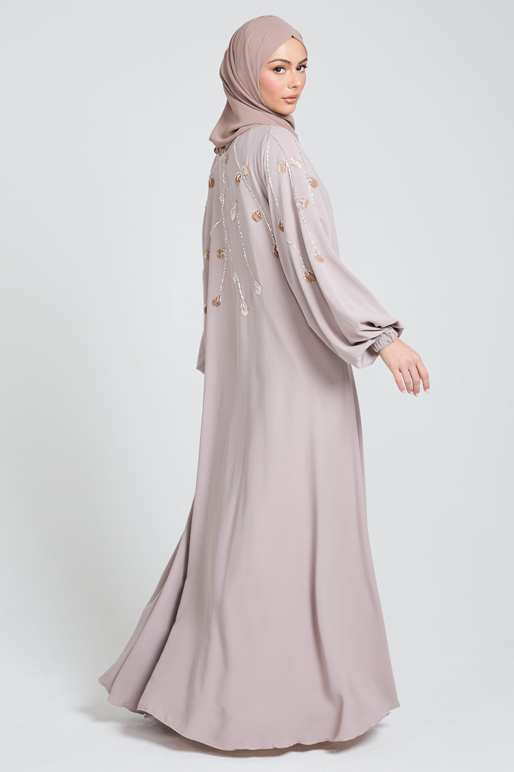 Blooming Frost Applique Umbrella Cut Open Abaya - Mink Nude