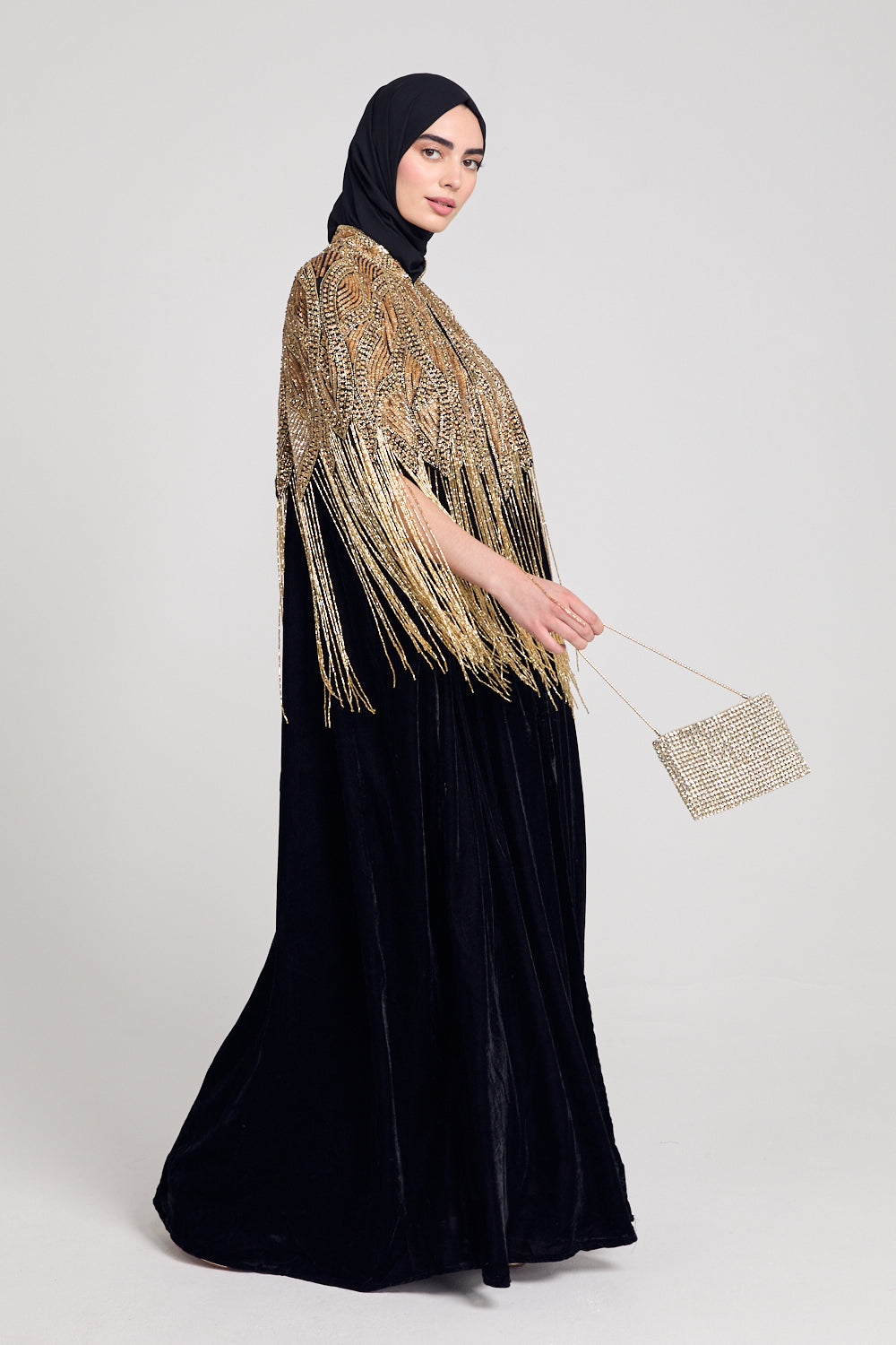 Luxury Black Velvet Embellished Tassel Cape - Gold