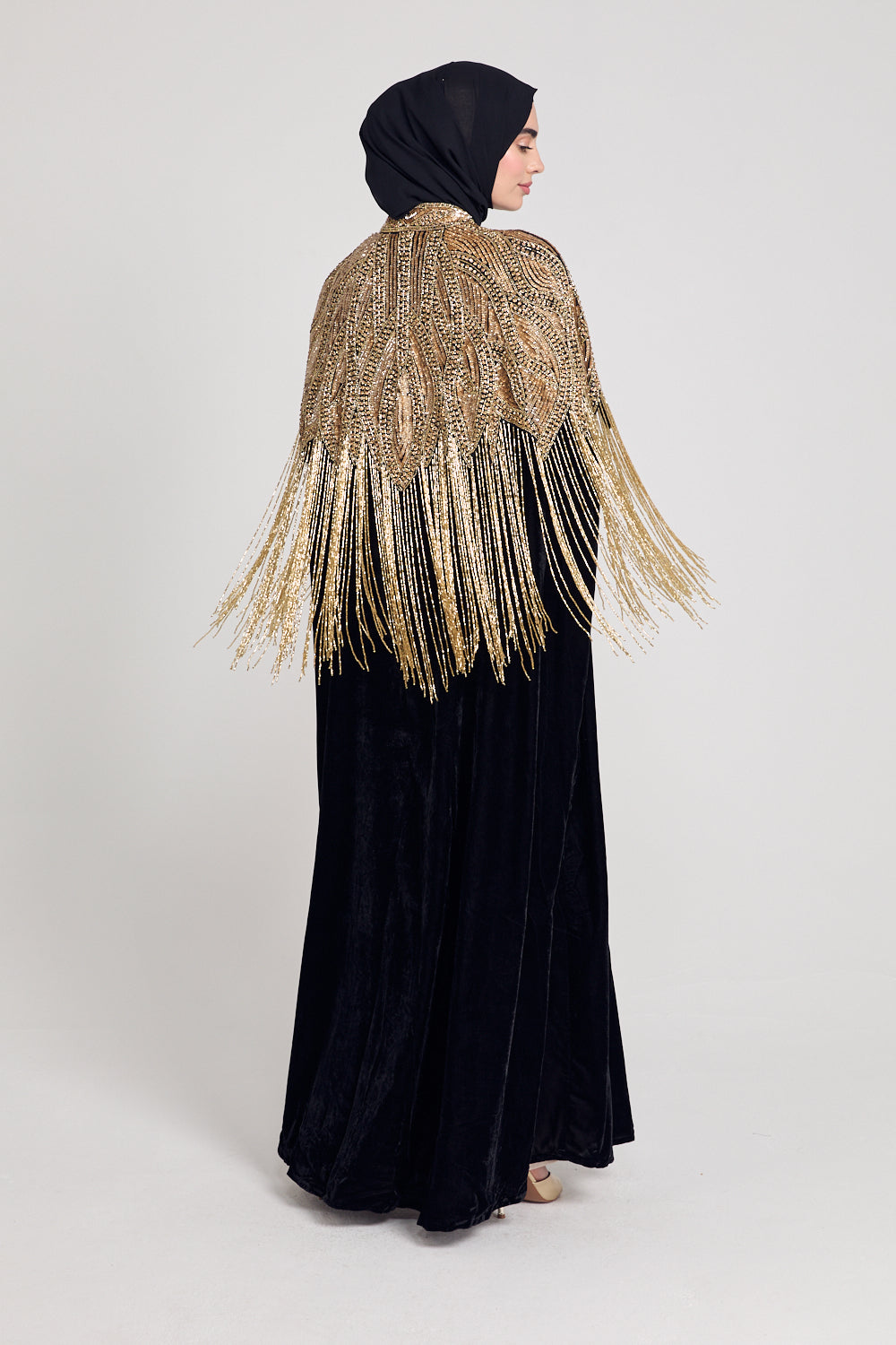 Luxury Black Velvet Embellished Tassel Cape - Gold