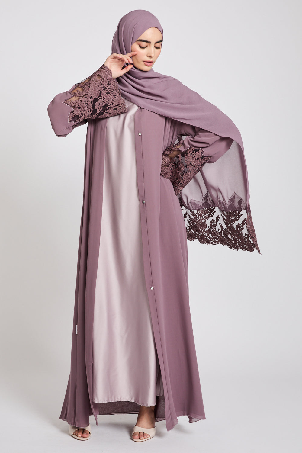 Mulberry Mauve Chiffon Open Abaya with Floral Lace Detailing