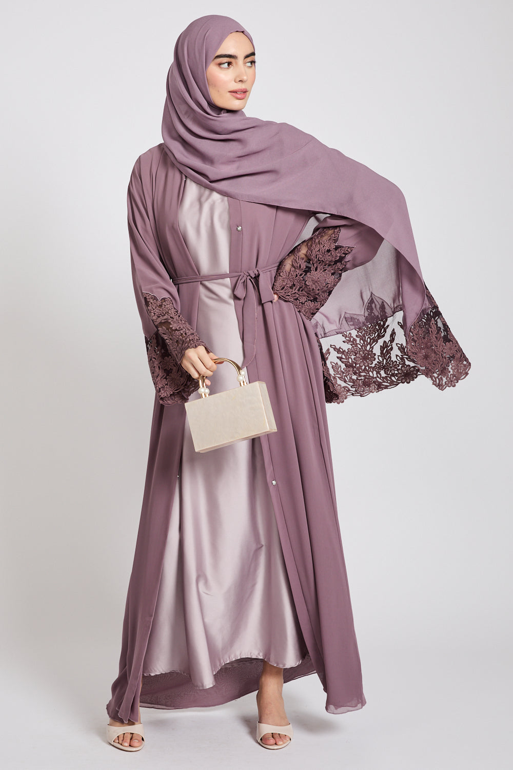Mulberry Mauve Chiffon Open Abaya with Floral Lace Detailing