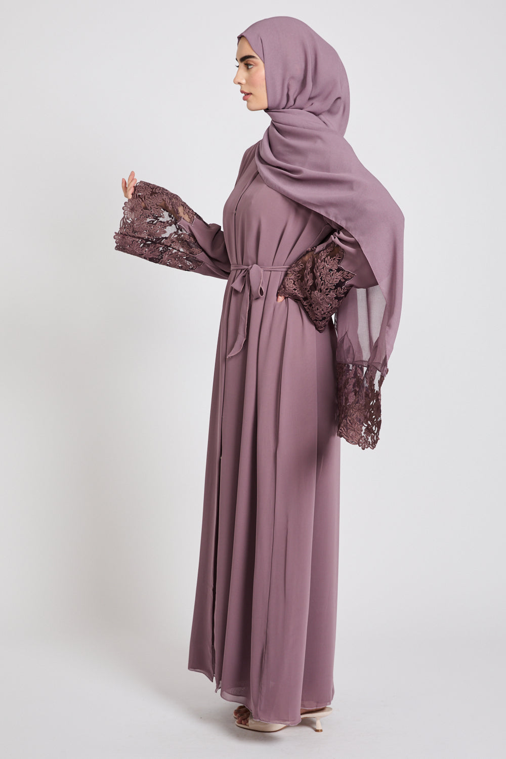 Mulberry Mauve Chiffon Open Abaya with Floral Lace Detailing
