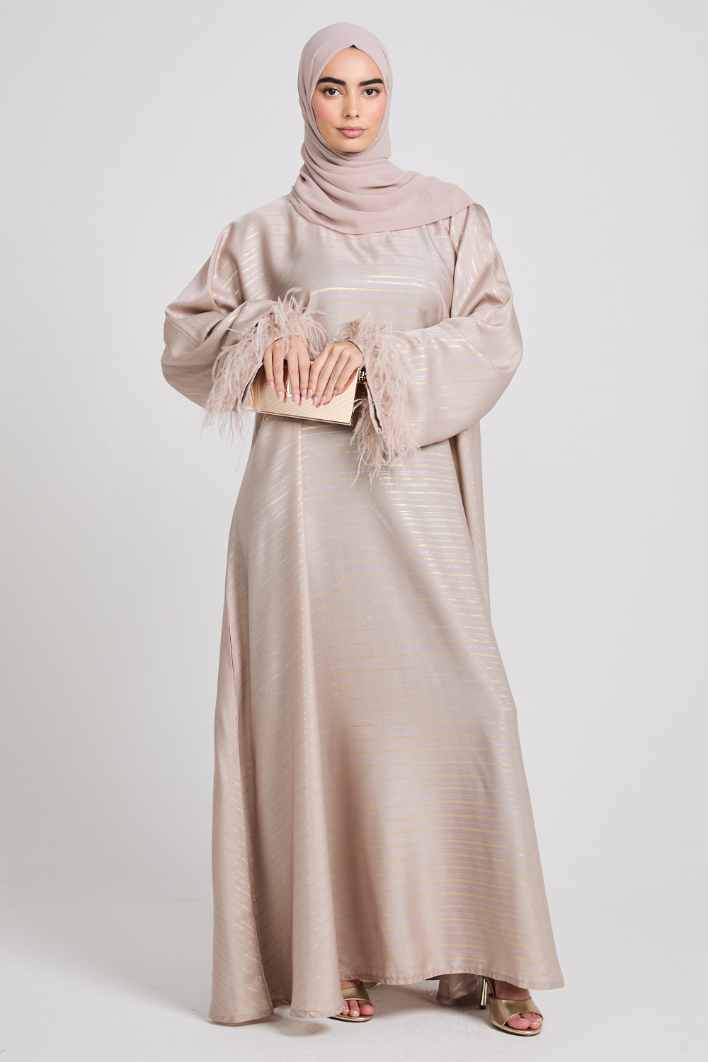 Empress Feathered Cuff Closed Abaya with Inner Belt - Moonstone - LIMITED EDITION