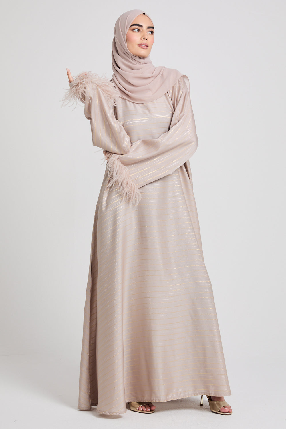 Empress Feathered Cuff Closed Abaya with Inner Belt - Moonstone - LIMITED EDITION
