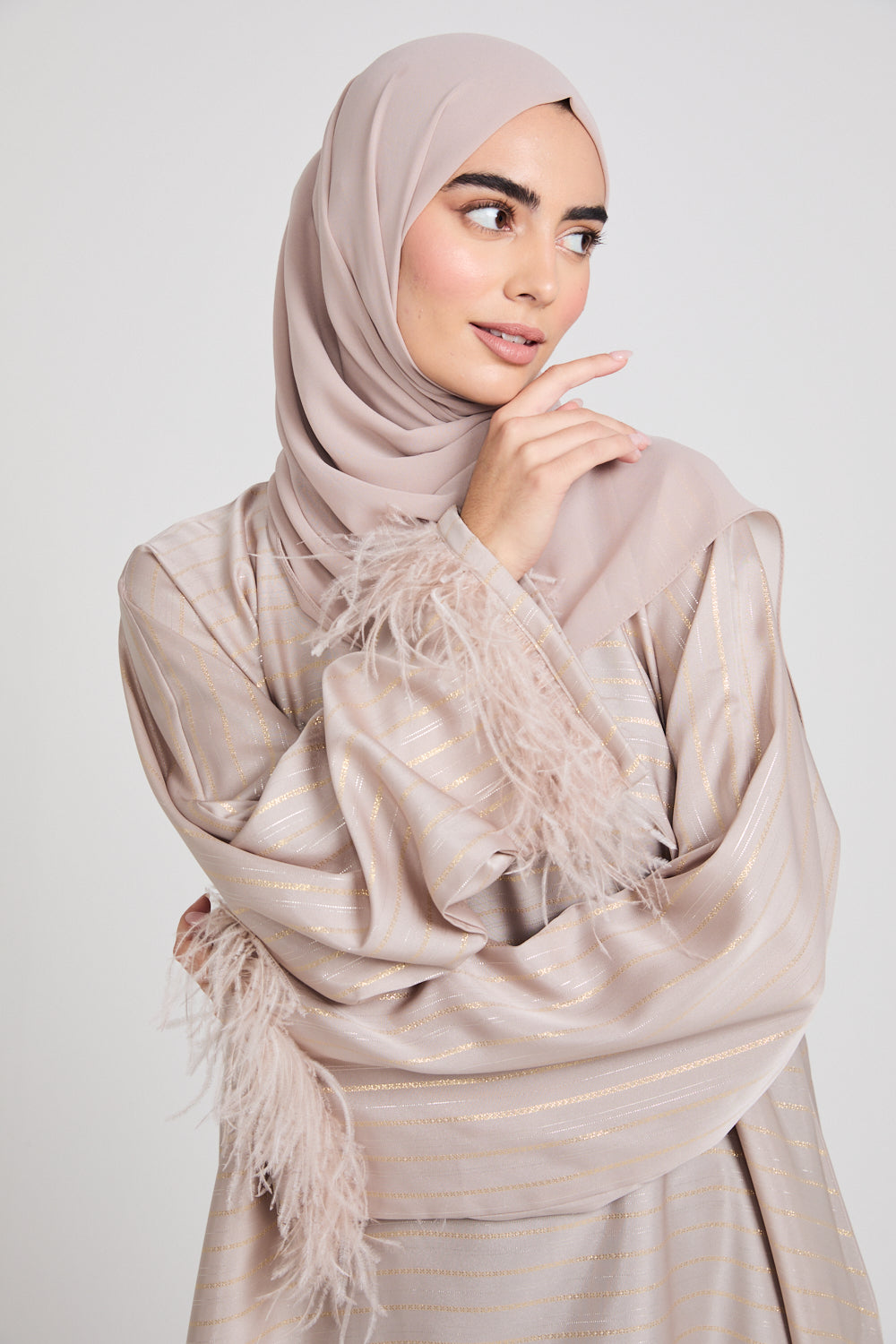 Empress Feathered Cuff Closed Abaya with Inner Belt - Moonstone - LIMITED EDITION