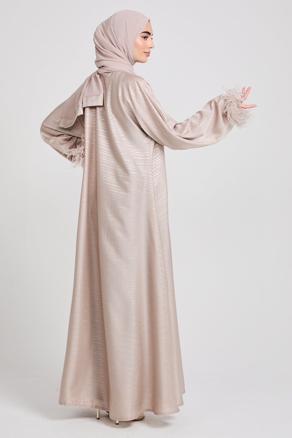 Empress Feathered Cuff Closed Abaya with Inner Belt - Moonstone - LIMITED EDITION